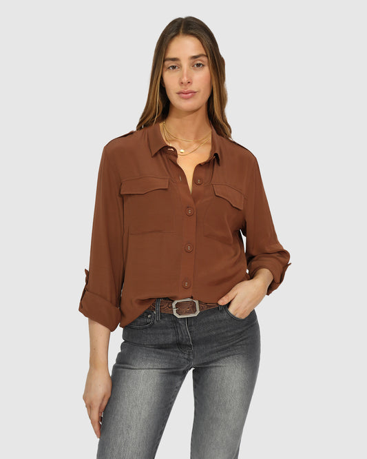 Eclipse Rolled Sleeve Blouse - Chocolate