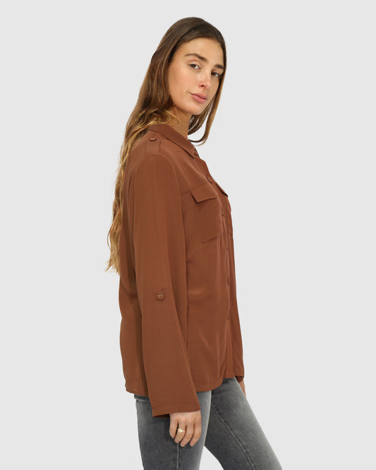 Eclipse Rolled Sleeve Blouse - Chocolate