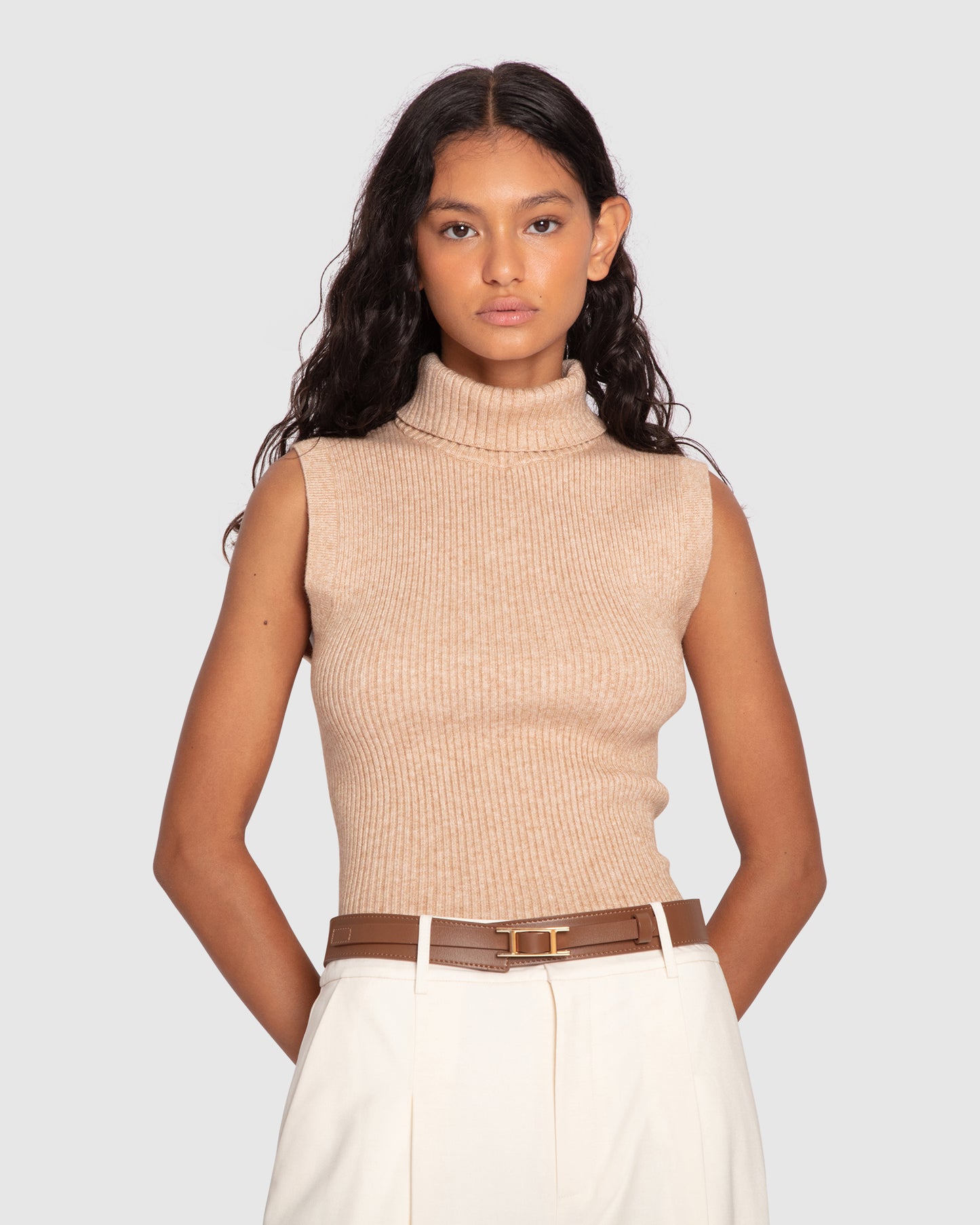Equation Sleeveless Turtleneck Knit - Camel