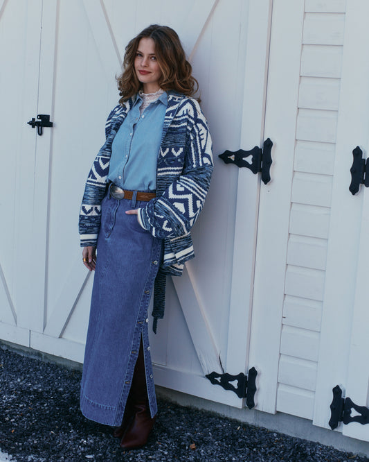 Edge Line Denim Maxi Skirt with Side Buttons - Mid Denim Wash