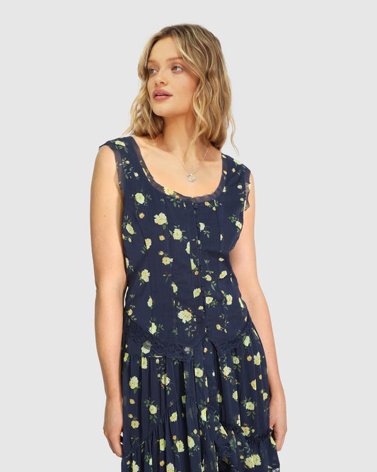 Future Lover Lace Button Up Blouse - Navy Print
