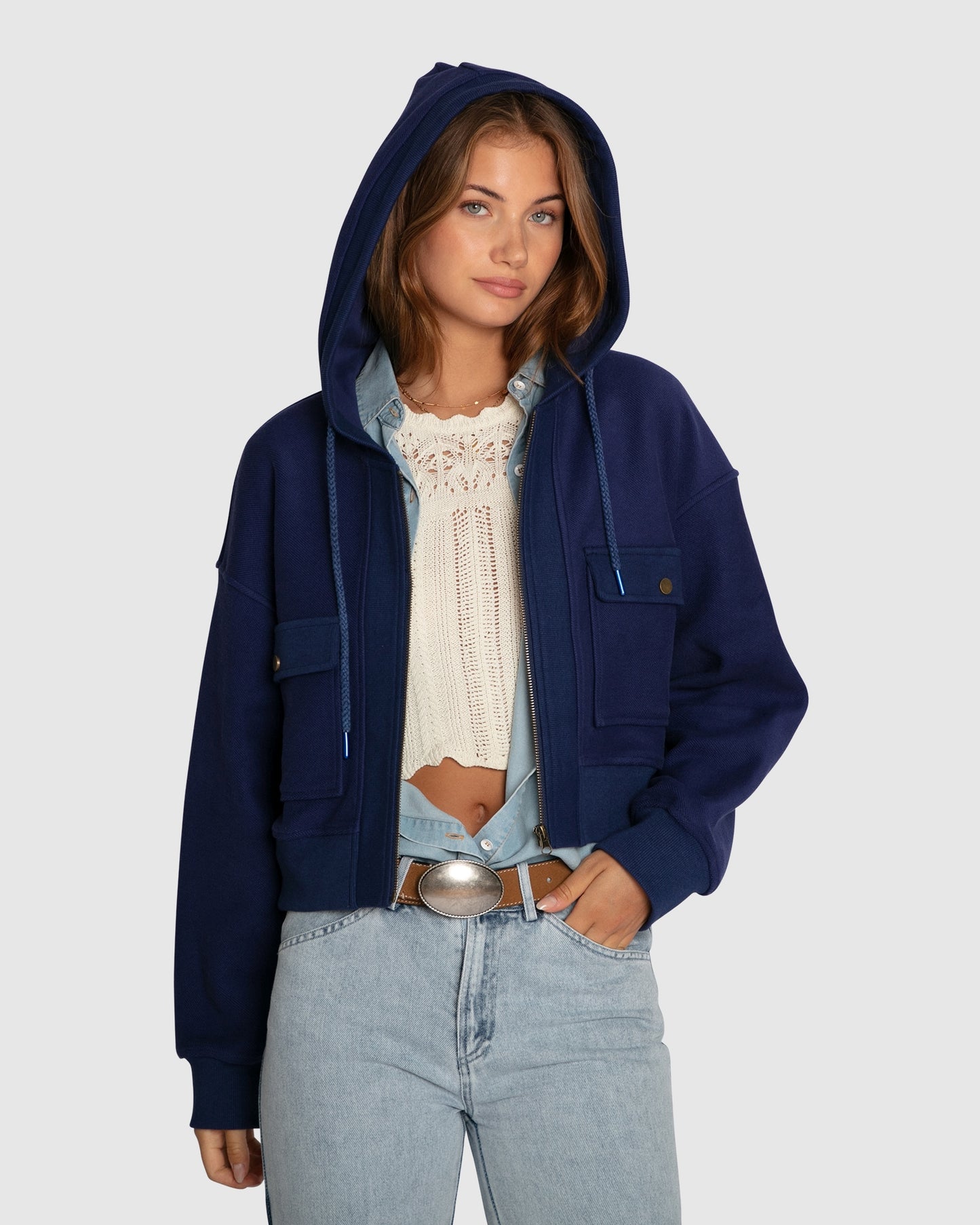 Fireside Cropped Utility Zip Jacket - Navy