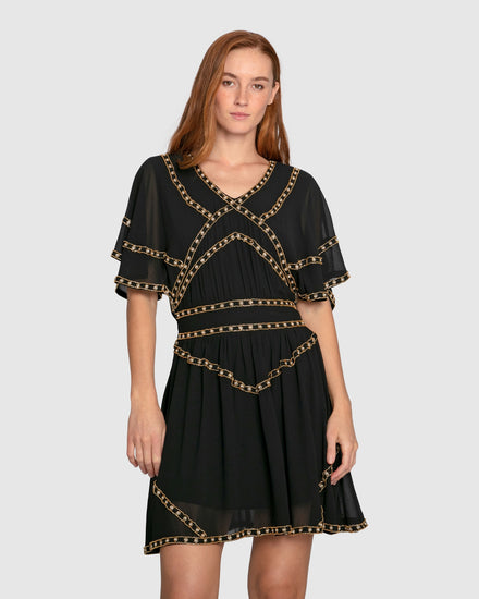 Golden Mark Beaded Trim Mini Dress - Black