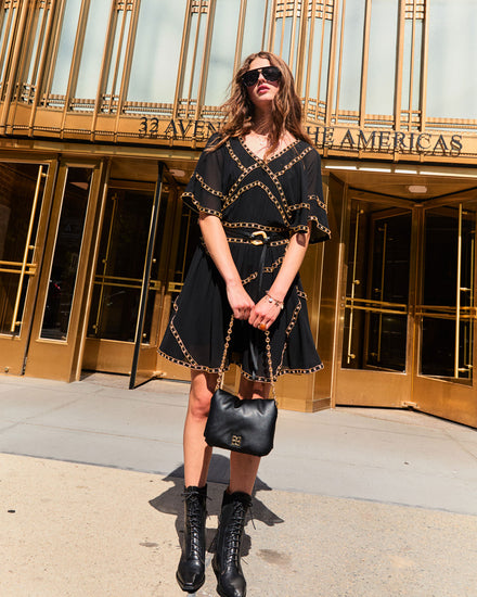 Golden Mark Beaded Trim Mini Dress - Black