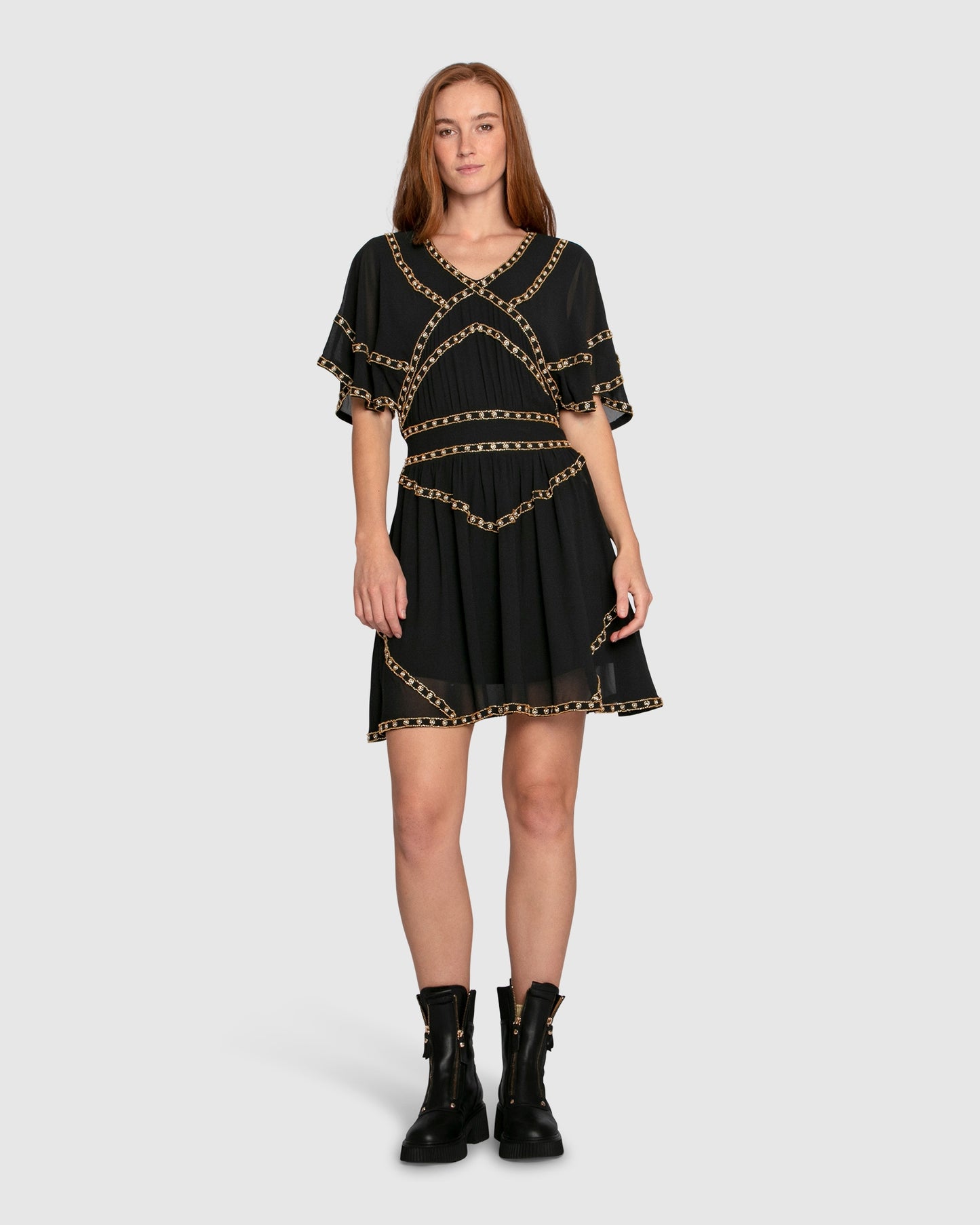 Golden Mark Beaded Trim Mini Dress - Black