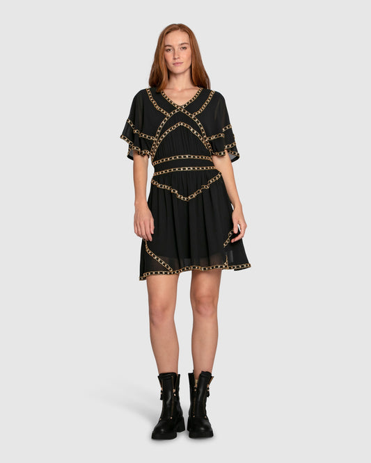 Golden Mark Beaded Trim Mini Dress - Black