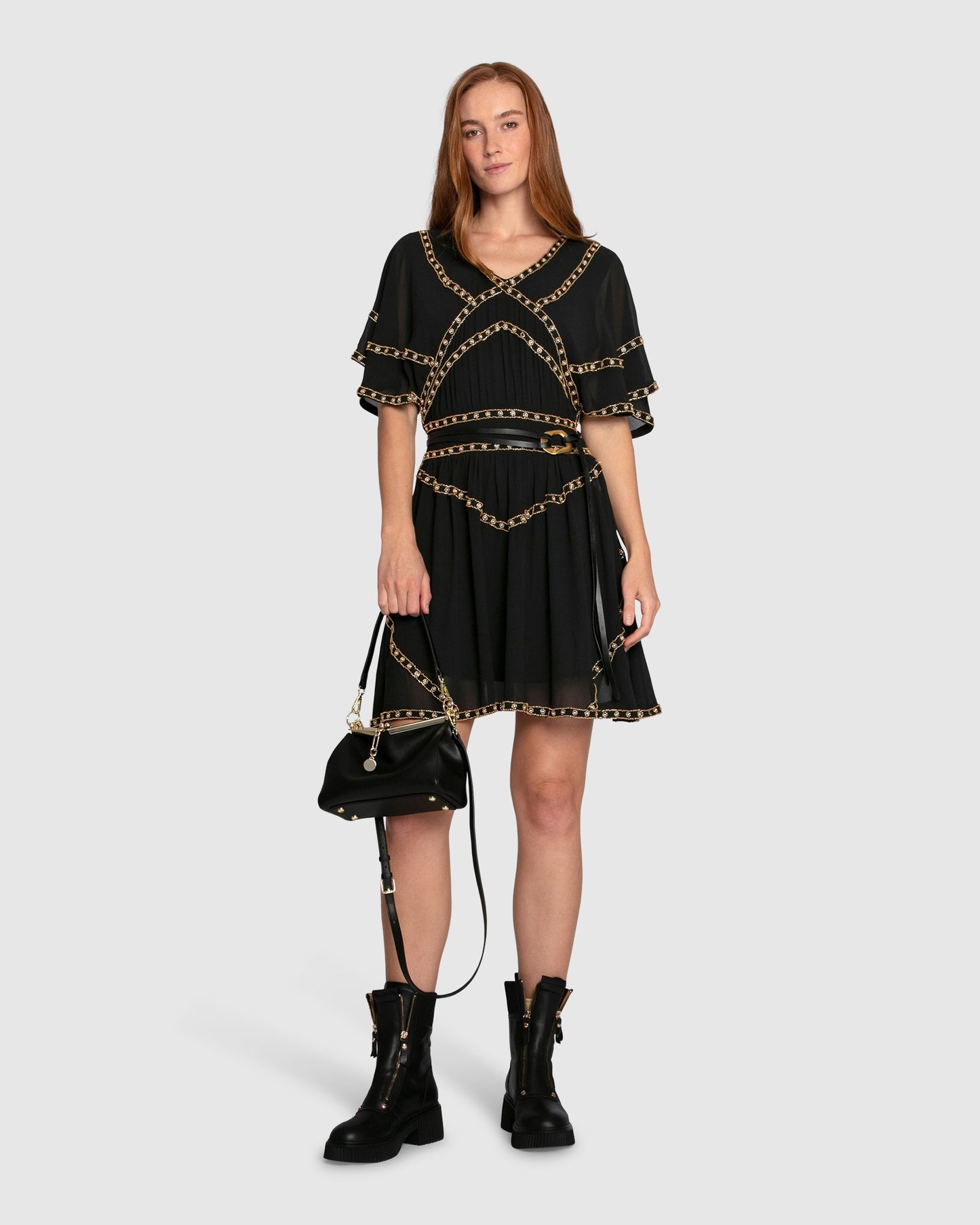 Golden Mark Beaded Trim Mini Dress - Black