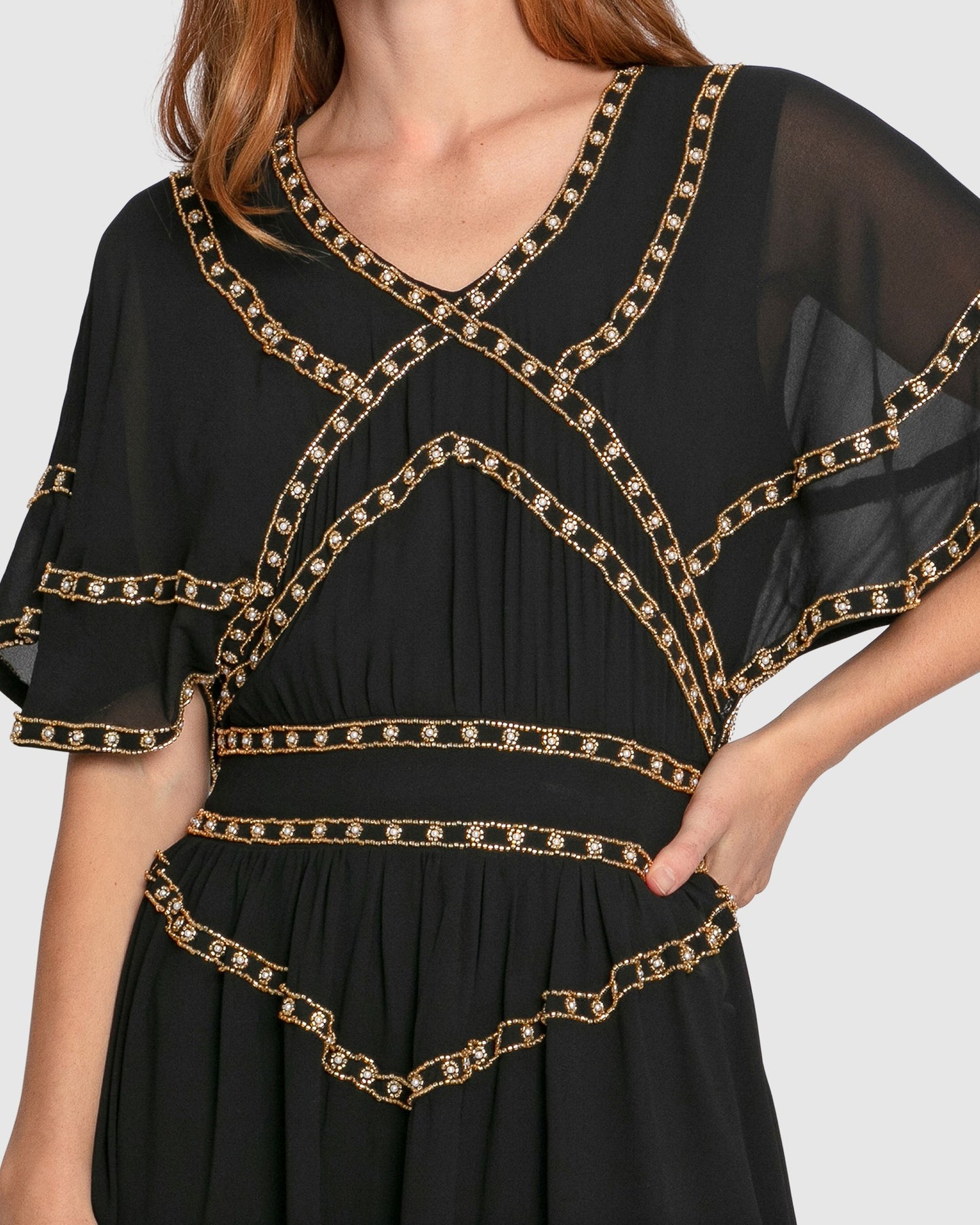 Golden Mark Beaded Trim Mini Dress - Black
