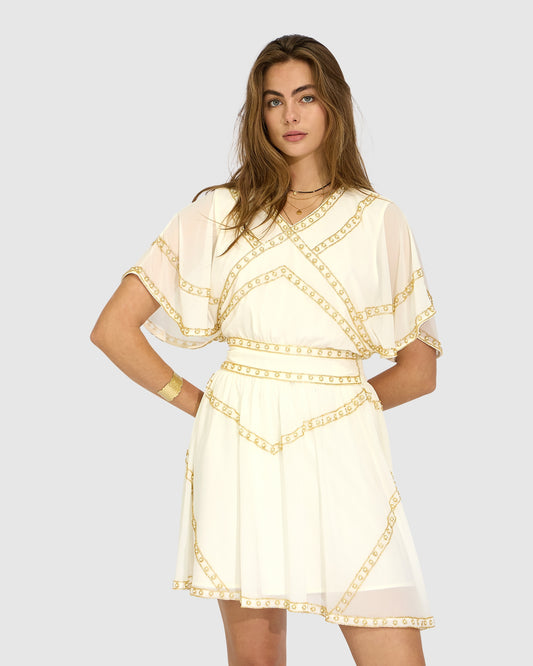 Golden Mark Beaded Trim Mini Dress - Ivory