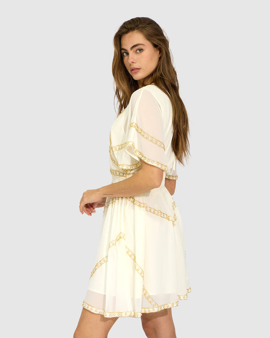 Golden Mark Beaded Trim Mini Dress - Ivory
