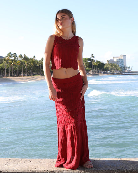 Harvest Haze Crochet Maxi Skirt - Berry