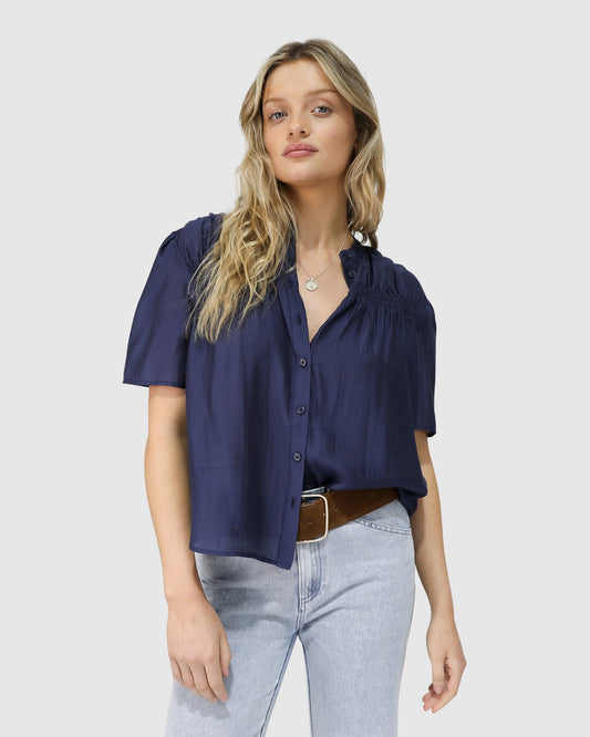 Honeylace Short Sleeve Blouse - Navy