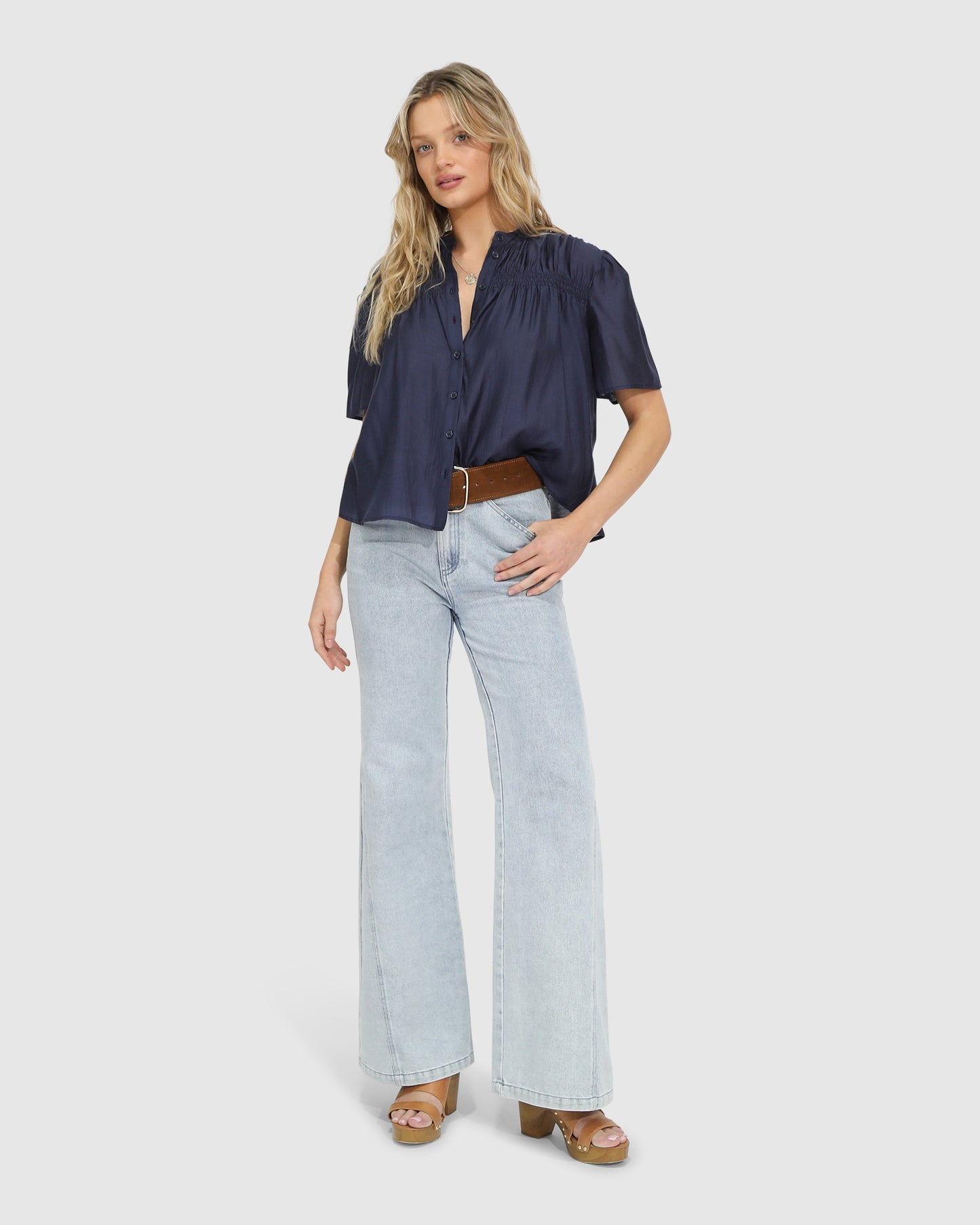 Honeylace Short Sleeve Blouse - Navy