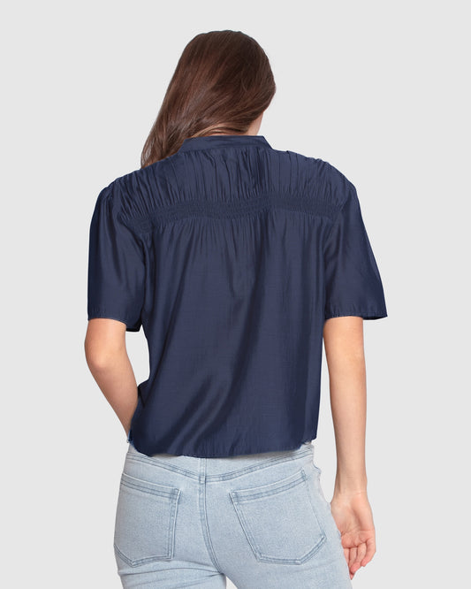 Honeylace Short Sleeve Blouse - Navy