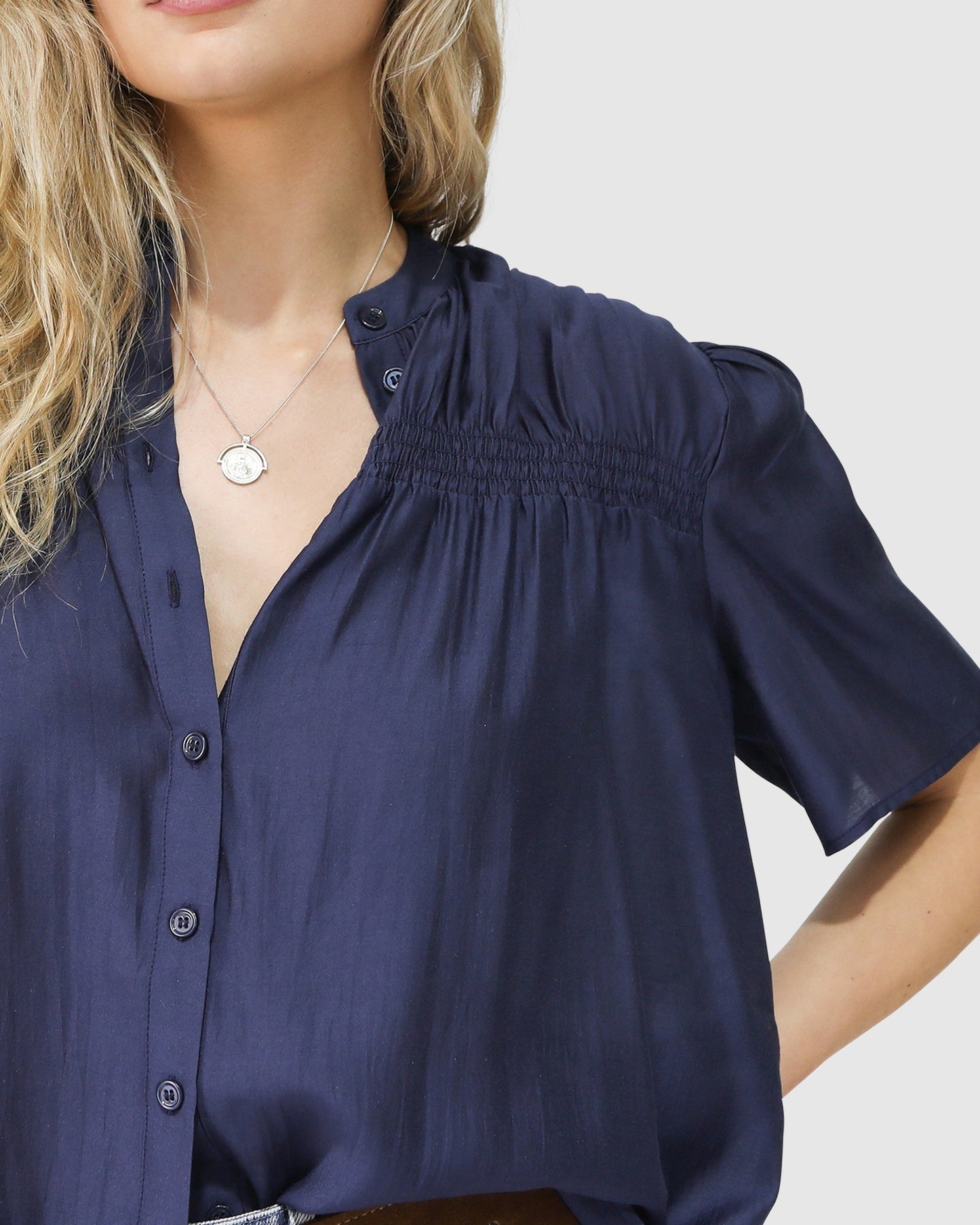 Honeylace Short Sleeve Blouse - Navy