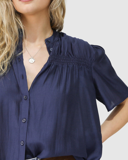 Honeylace Short Sleeve Blouse - Navy
