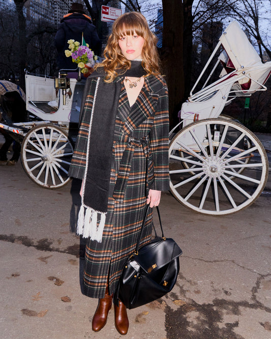 Heart To Heart Wool Blend Large Collar Maxi Coat - Black Plaid