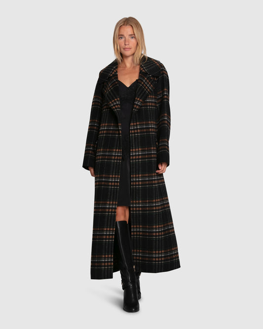 Heart To Heart Large Collar Maxi Coat - Black Plaid