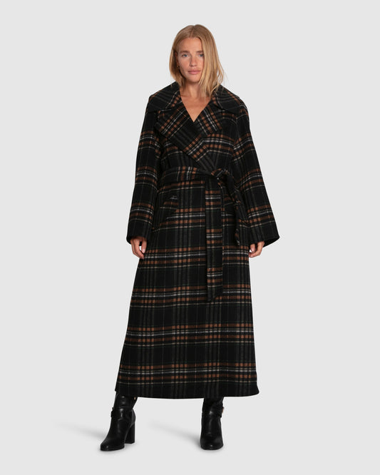 Heart To Heart Large Collar Maxi Coat - Black Plaid