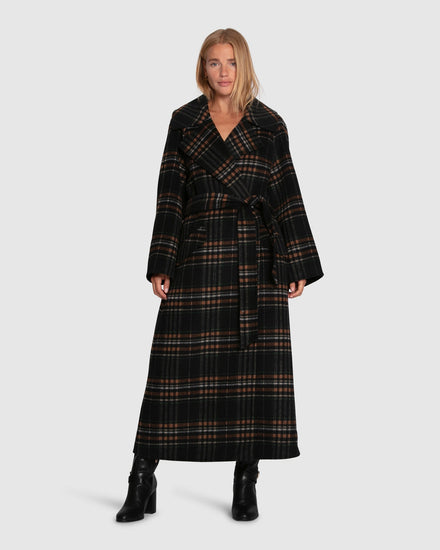 Heart To Heart Large Collar Maxi Coat - Black Plaid