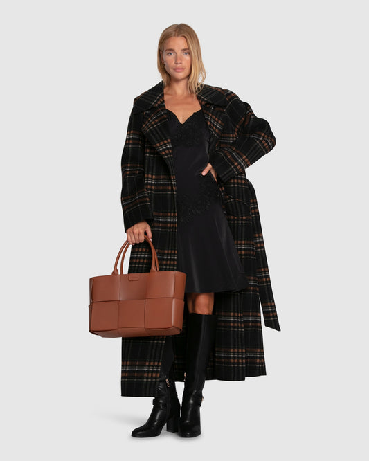 Heart To Heart Large Collar Maxi Coat - Black Plaid