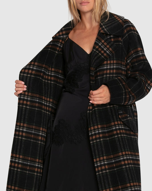 Heart To Heart Large Collar Maxi Coat - Black Plaid