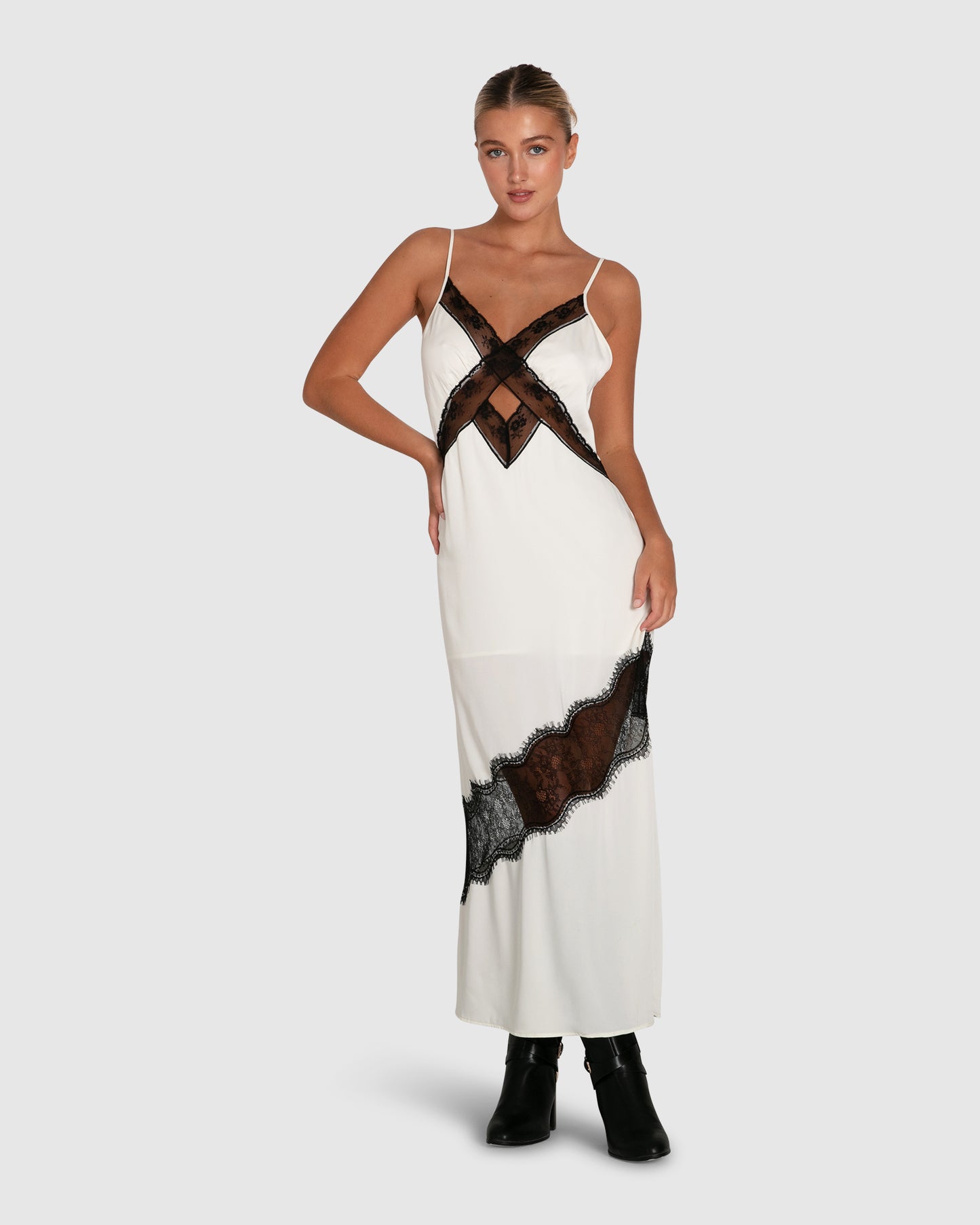 white slip dress with black lace Lace-trim Slip Dress In Textured Satin For Women