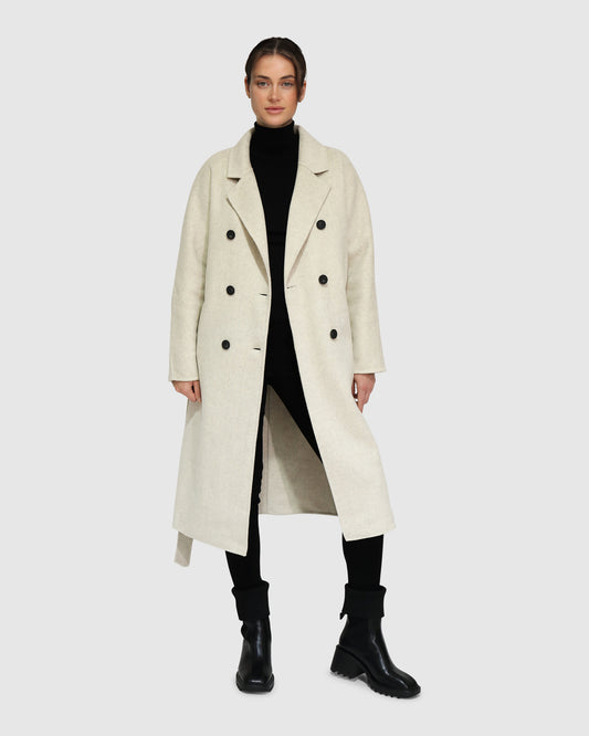 Boss Girl Double-Breasted Lined Wool Coat - Oat Marle