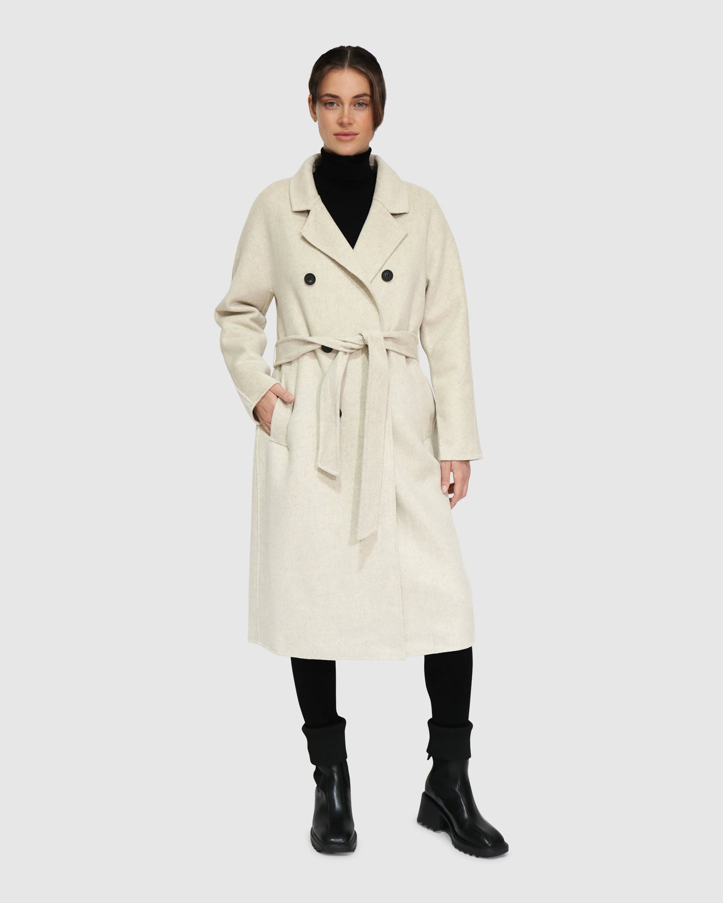 Boss Girl Double-Breasted Lined Wool Coat - Oat Marle
