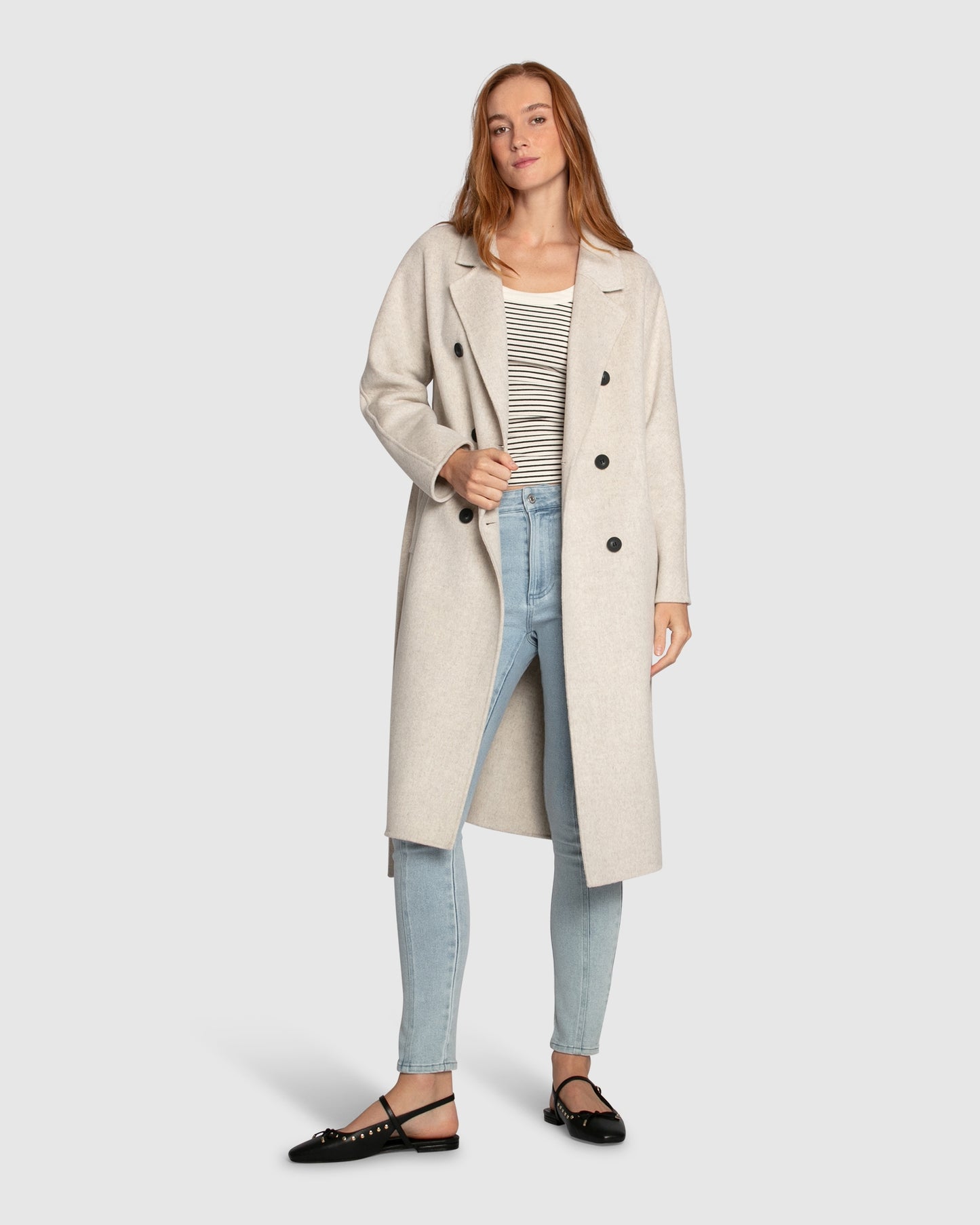 Boss Girl Double-Breasted Lined Wool Coat - Oat Marle