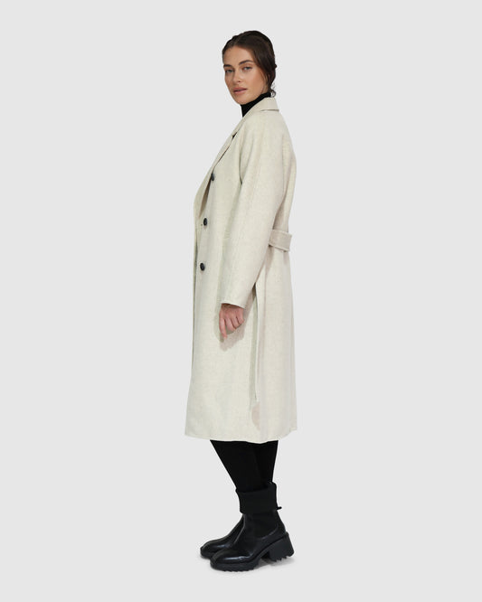 Boss Girl Double-Breasted Lined Wool Coat - Oat Marle