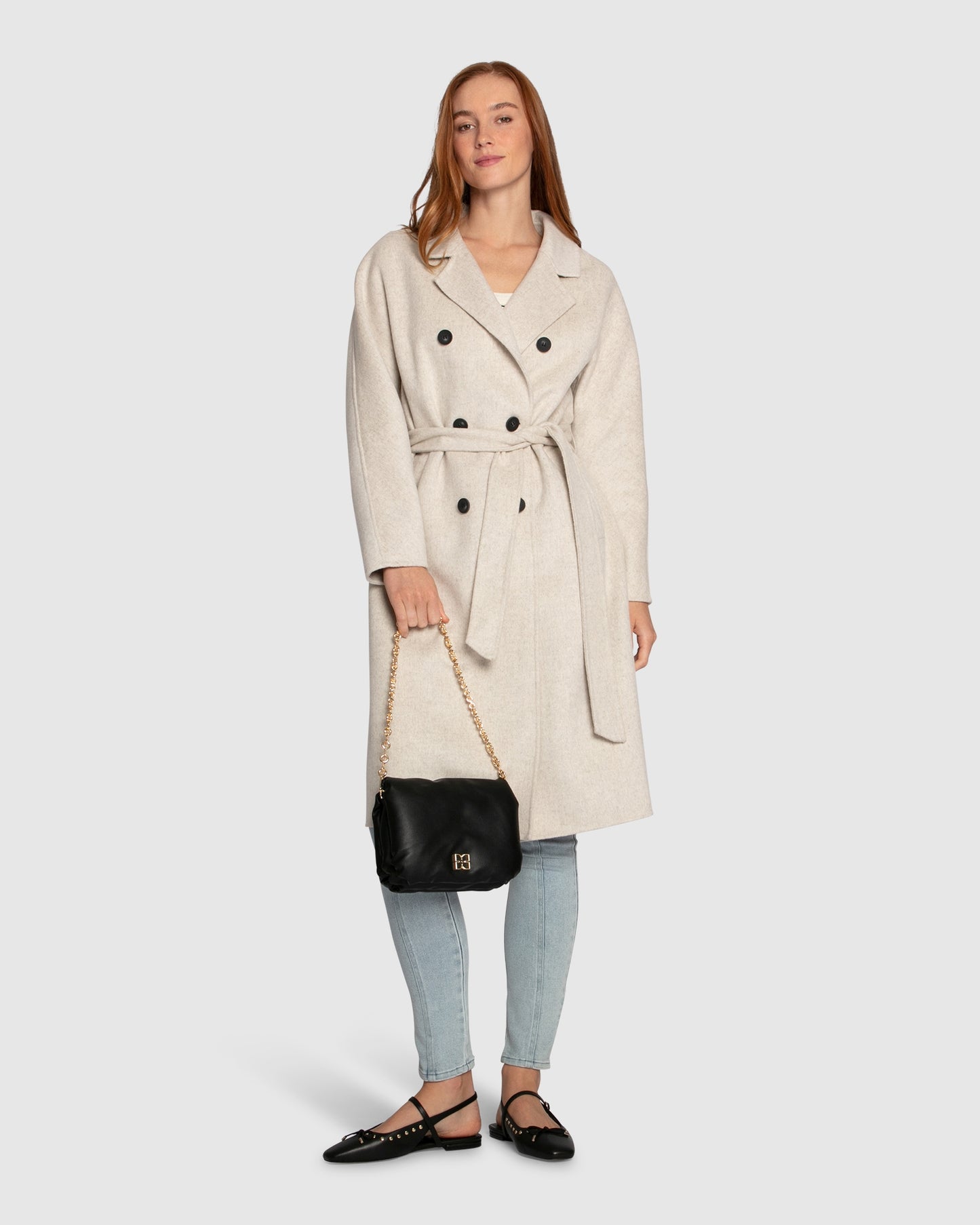 Boss Girl Double-Breasted Lined Wool Coat - Oat Marle