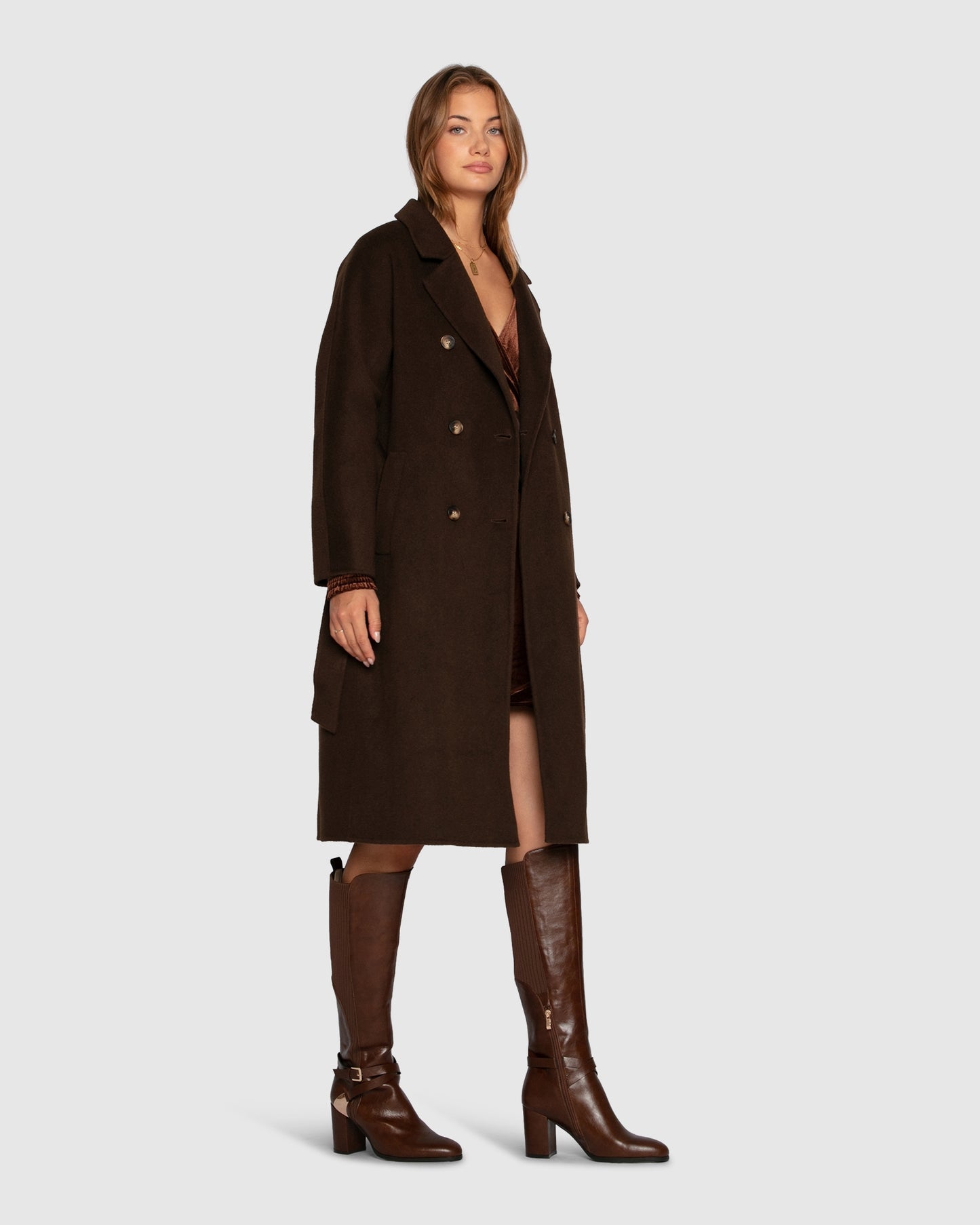 Boss Girl Double Breasted Lined Wool Coat - Chocolate