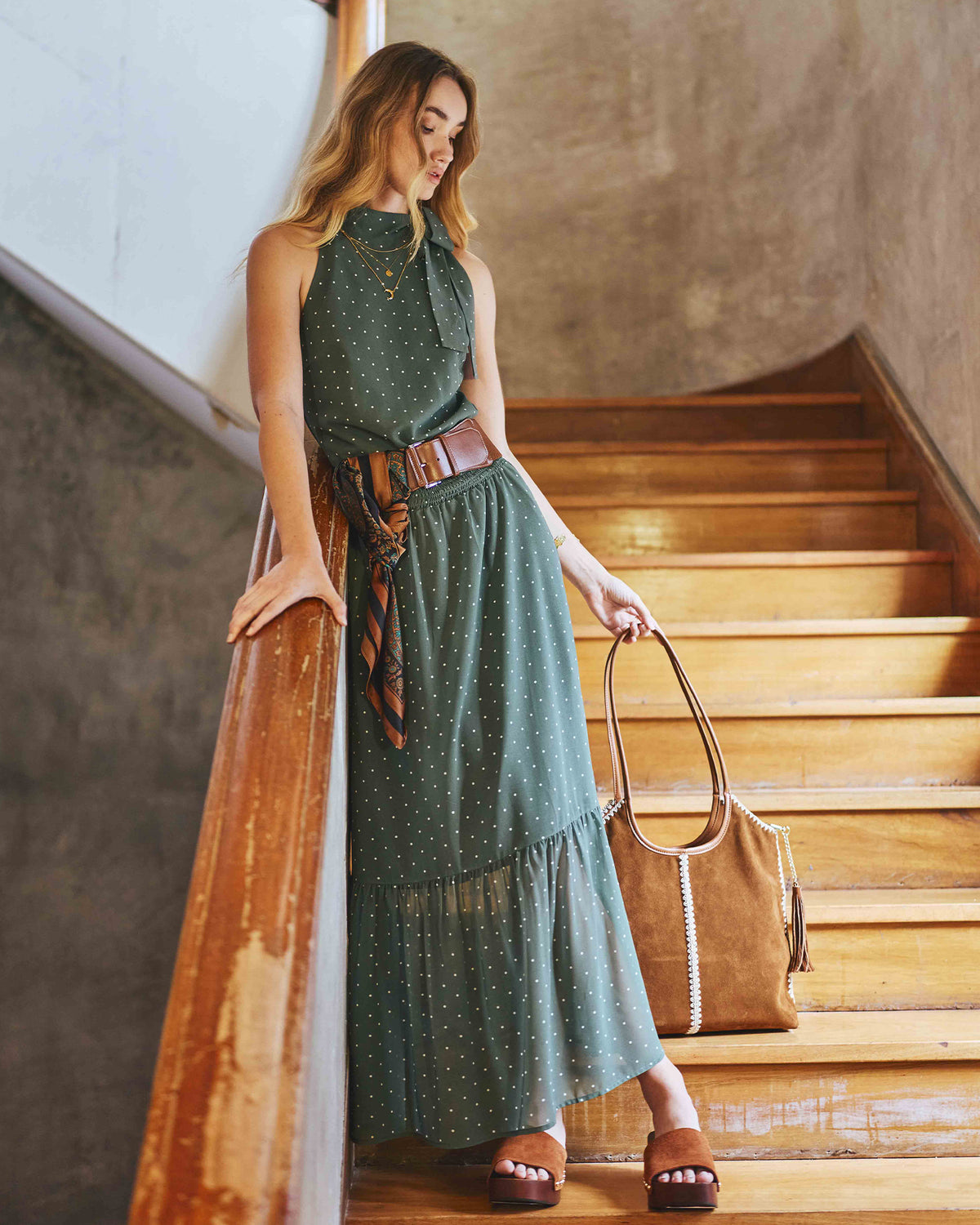 Let It Flow Tiered Maxi Skirt - Olive/Ivory