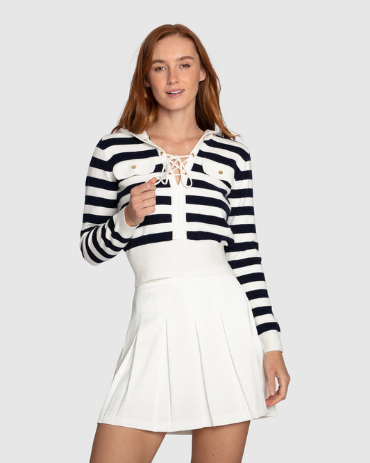 Sail Away Striped Knit Cardigan - Cream/Navy