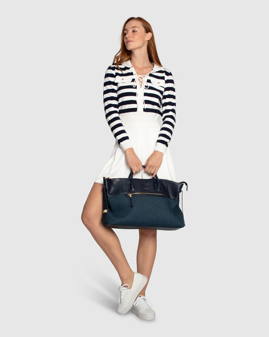 Sail Away Striped Knit Cardigan - Cream/Navy