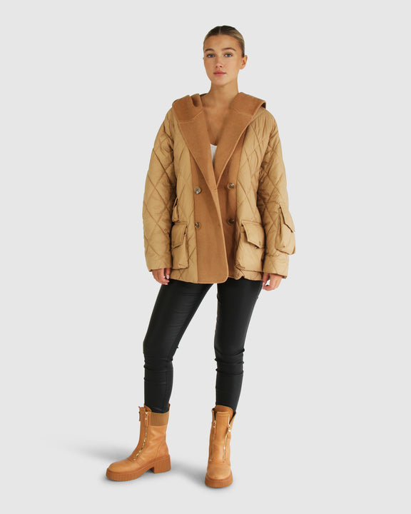 Only You Quilted Utility Puffer Jacket - Camel