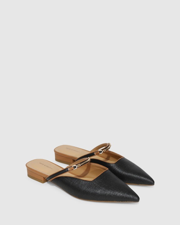 Side by Side Leather Trimmed Flats - Black/Tan