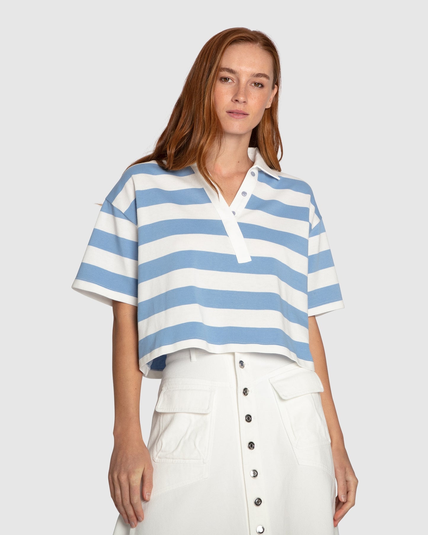 School Boy V-Neck Cropped Polo Top - Blue/White