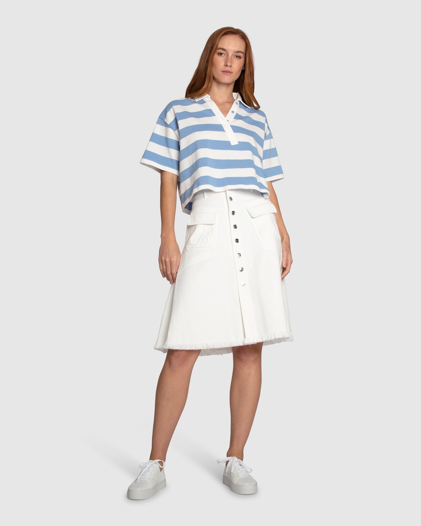 School Boy V-Neck Cropped Polo Top - Blue/White
