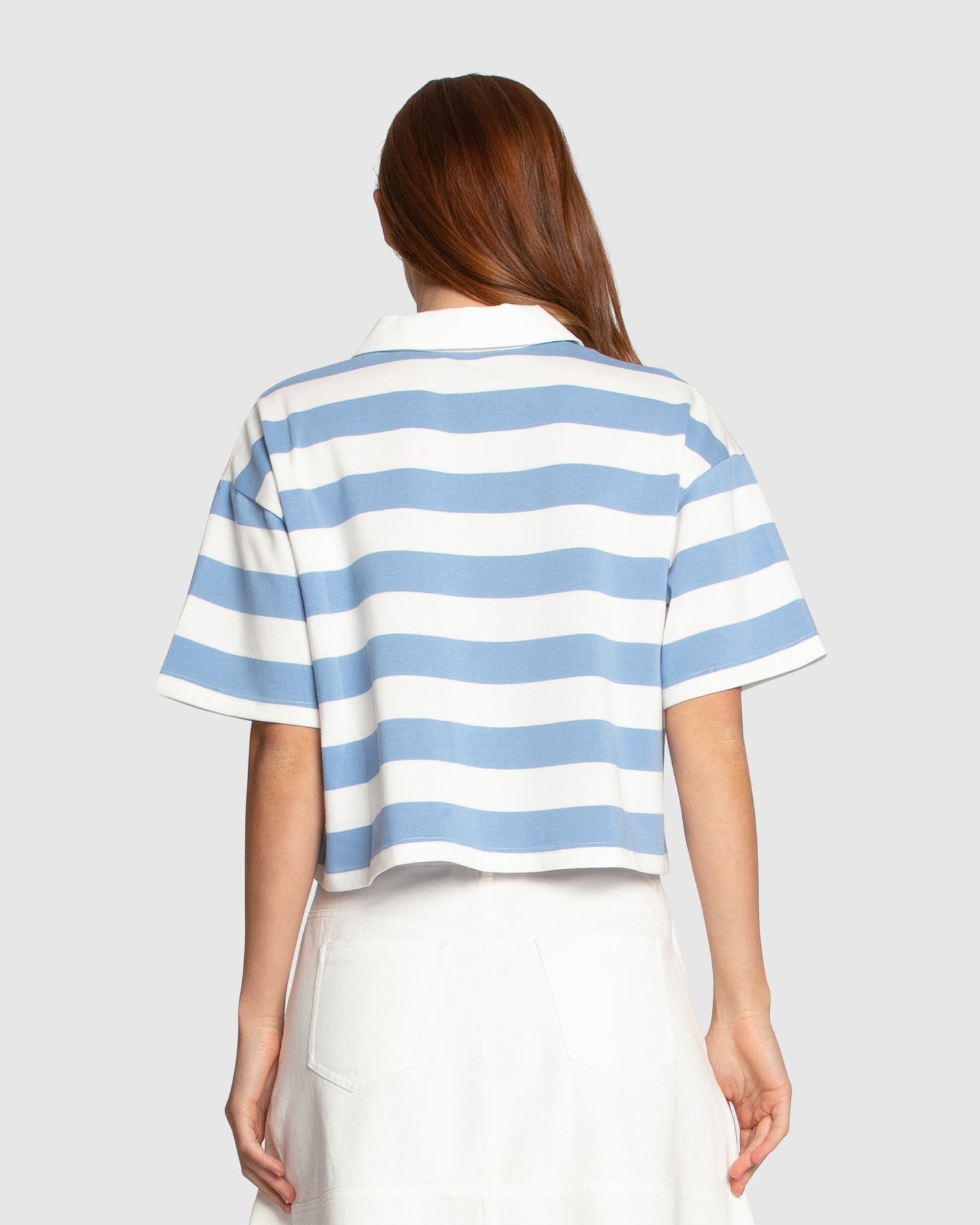 School Boy V-Neck Cropped Polo Top - Blue/White