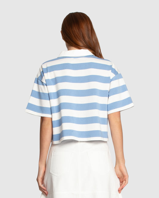 School Boy V-Neck Cropped Polo Top - Blue/White