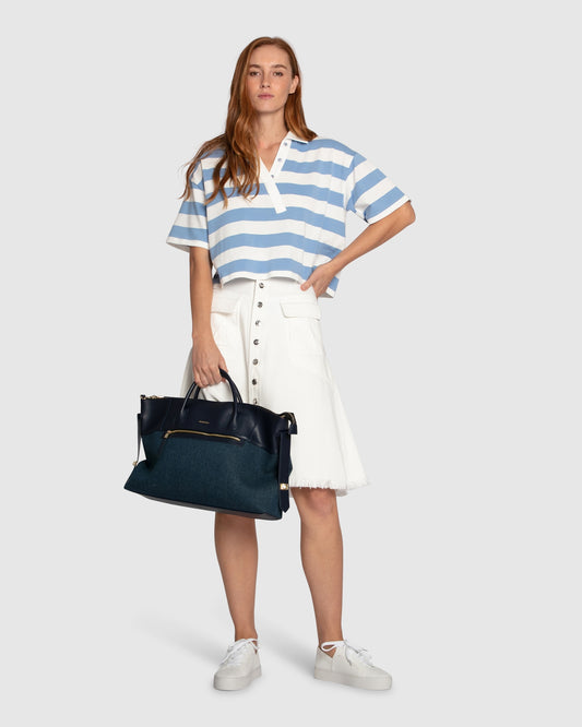 School Boy V-Neck Cropped Polo Top - Blue/White