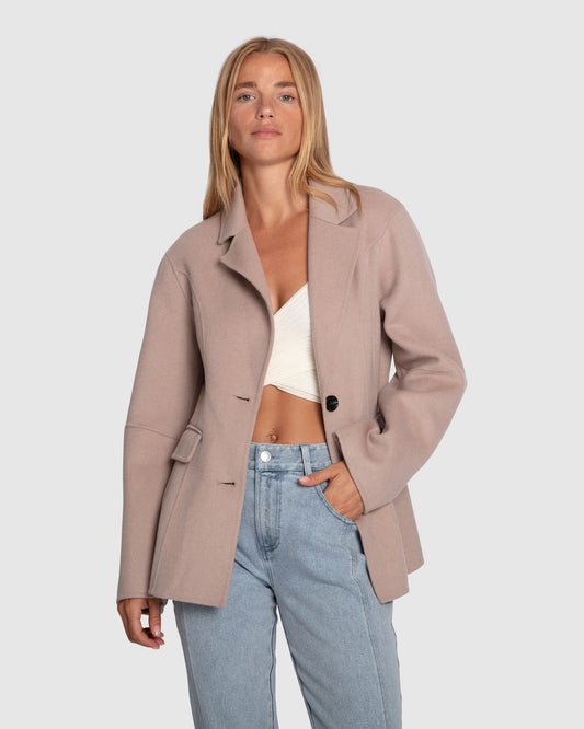 Stuck On You Wool Blend Cinched Waist Blazer - Sand