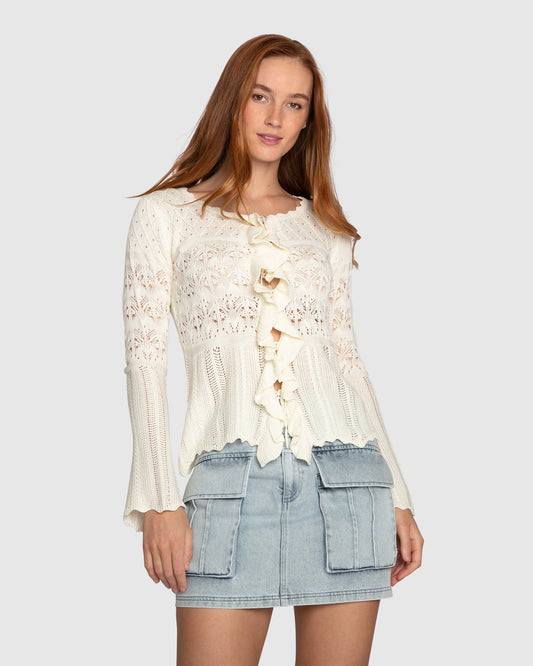 Soft Sands Ruffle Knit Cardigan - Cream