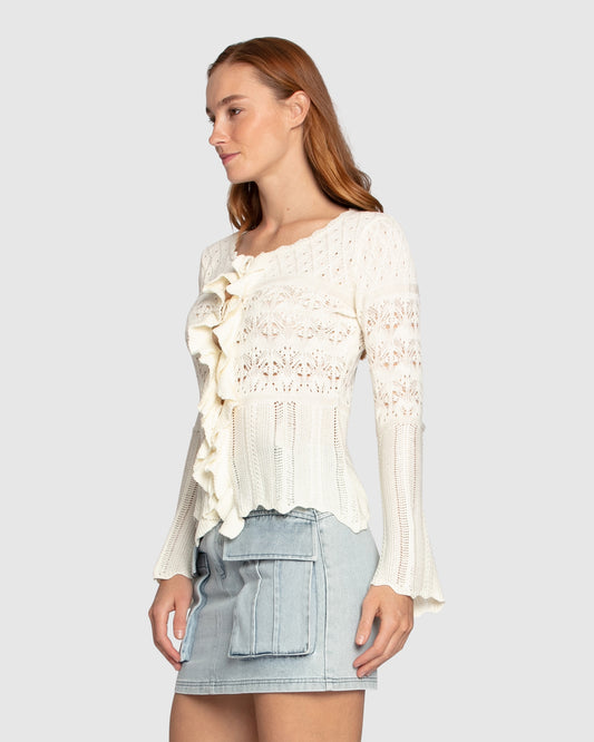 Soft Sands Ruffle Knit Cardigan - Cream