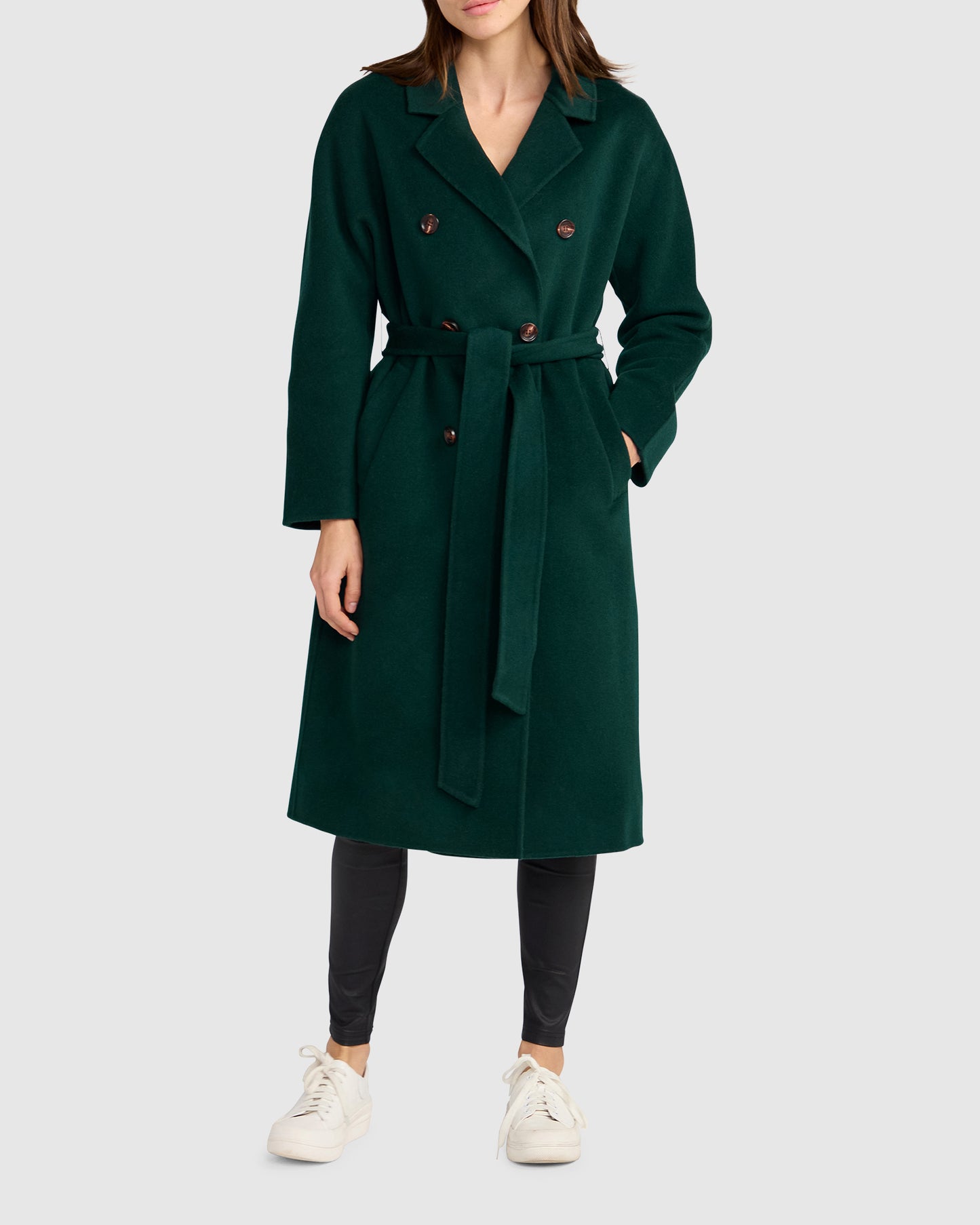 Standing Still Wool Blend Belted Coat - Dark Green