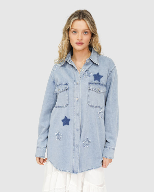 Stargazer Patch Detail Denim Shirt - Stonewash