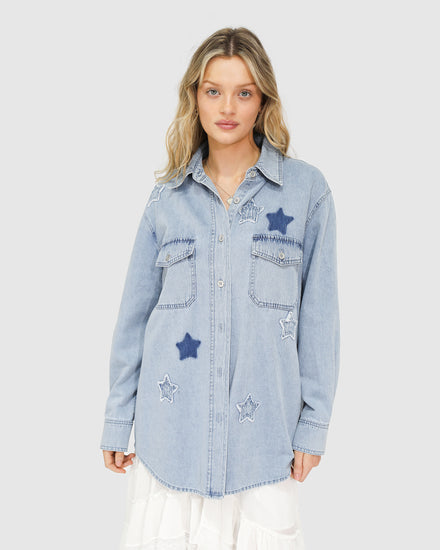 Stargazer Patch Detail Denim Shirt - Stonewash