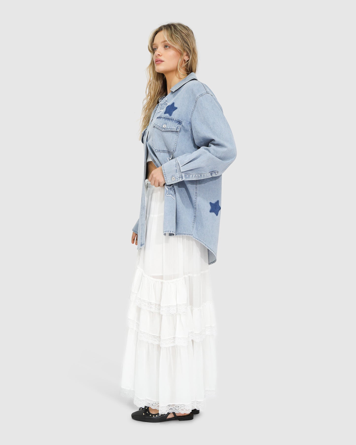 Stargazer Patch Detail Denim Shirt - Stonewash